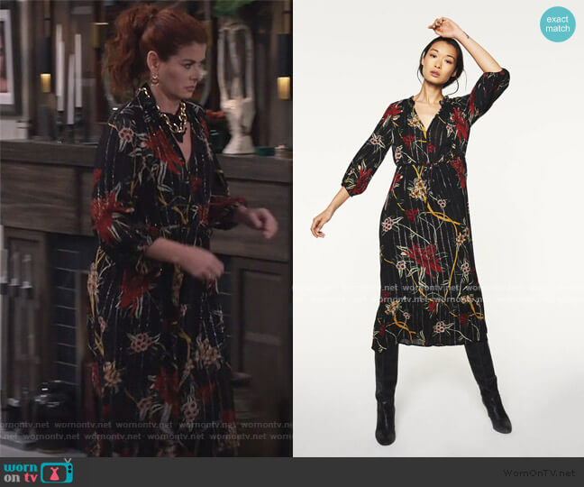 Grace’s black metallic floral midi dress on Will and Grace