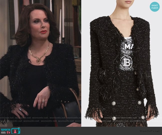 Tweed Fringe-Hem Blazer by Balmain worn by Karen Walker (Megan Mullally) on Will and Grace