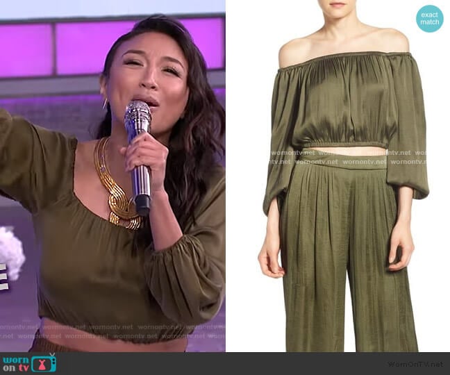 Olive Off-Shoulder Crop Top by Bardot worn by Jeannie Mai on The Real