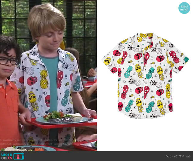 Pineapple Skull Poplin Shirt by Epic Threads worn by Finn Sawyer (Will Buie Jr) on Bunkd