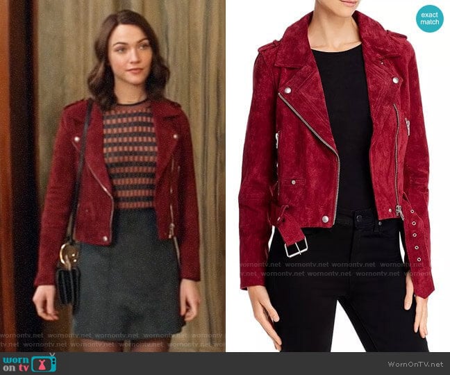 Blank NYC Suede Moto Jacket in Rich Berry worn by Cara Bloom (Violett Beane) on God Friended Me