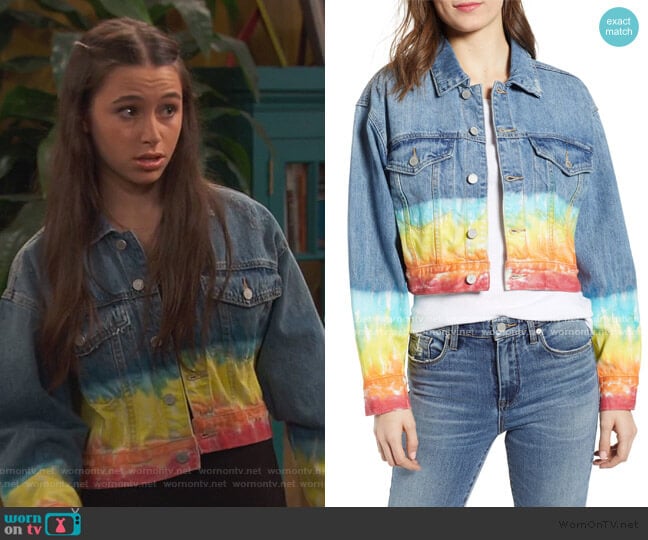 Tie Dye Hem Crop Denim Jacket by BlankNYC worn by Tess O'Malley (Sky Katz) on Ravens Home