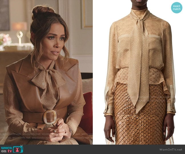 Printed Chiffon Tieneck Silk Blouse by Burberry worn by Cristal Jennings (Daniella Alonso) on Dynasty