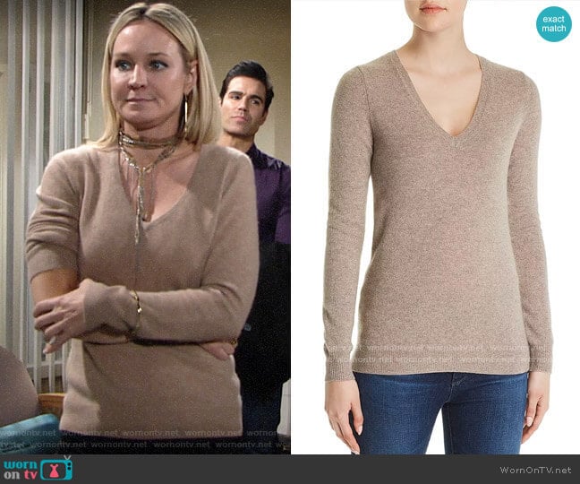 C by Bloomingdales V-Neck Cashmere Sweater in Sesame worn by Sharon Newman (Sharon Case) on The Young and the Restless