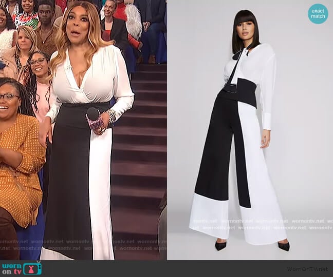 Corset Wrap Blouse by Colorblock Leg Pants by Gabrielle Union worn by Wendy Williams on The Wendy Williams Show