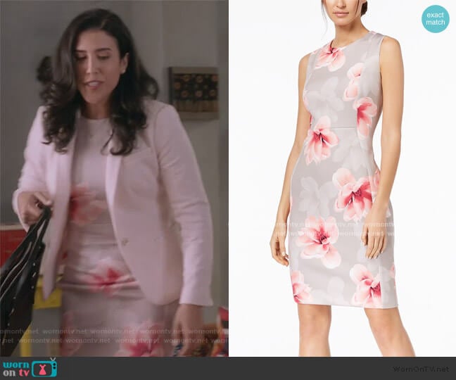 Petite Floral-Print Scuba Sheath Dress by Calvin Klein worn by Shannon Ross (Nicole Power) on Kims Convenience