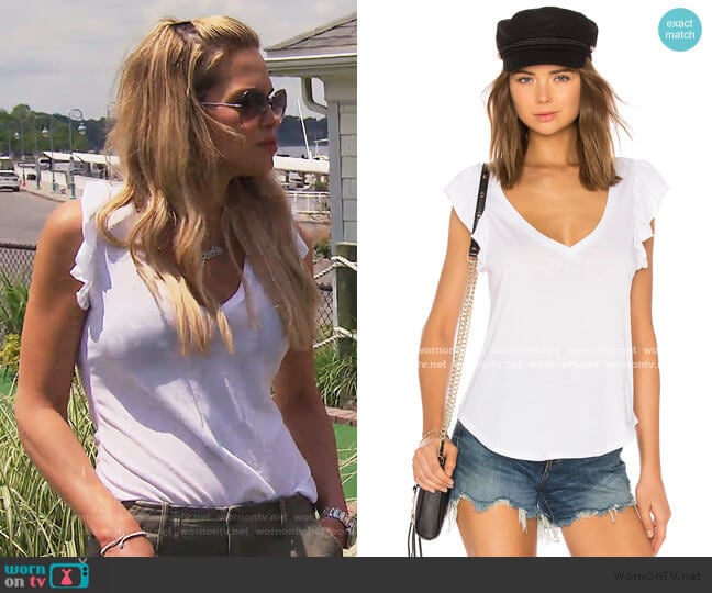 Flutter Sleeve V Neck Tee by Chaser worn by Jackie Goldschneider on The Real Housewives of New Jersey