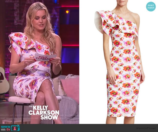 Elisse Print Ruffle Cocktail Dress by Chiara Boni La Petite worn by Rebecca Romijin on The Kelly Clarkson Show