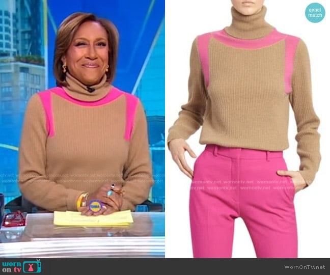 Contrast Panel Ribbed Cashmere Turtleneck Sweater by Victoria Beckham worn by Robin Roberts on Good Morning America