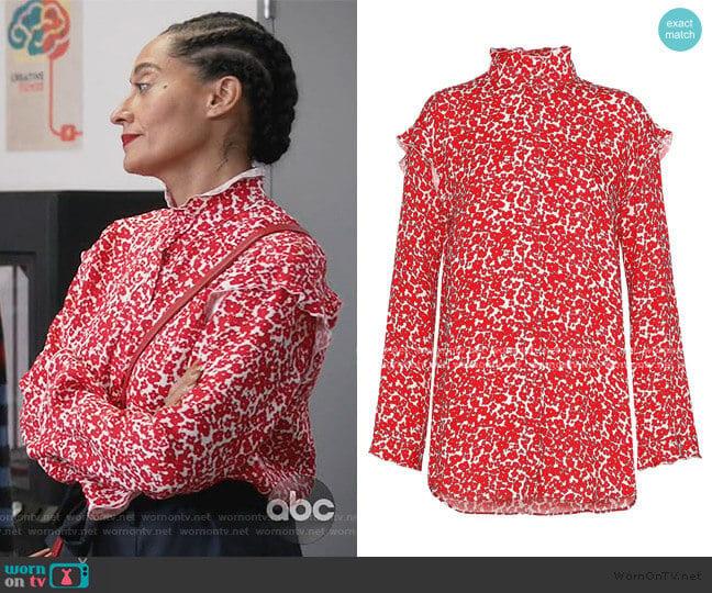 Ruffle-trimmed Floral-print Blouse by Derek Lam worn by Rainbow Johnson (Tracee Ellis Ross) on Black-ish