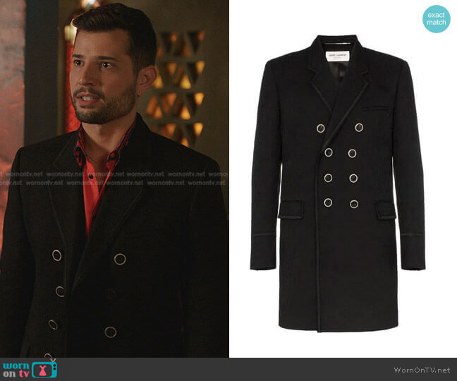 Double Breasted Paisley Jacquard Virgin Wool Coat by Saint Laurent worn by Sam Flores (Rafael de la Fuente) on Dynasty