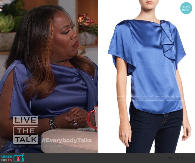 Tamra High-Neck Short-Sleeve Silk Satin Blouse by Elie Tahari worn by Sheryl Underwood on The Talk