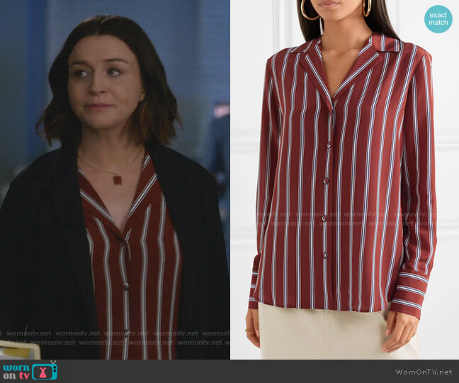 Striped Silk Shirt by Frame worn by Amelia Shepherd (Caterina Scorsone) on Greys Anatomy