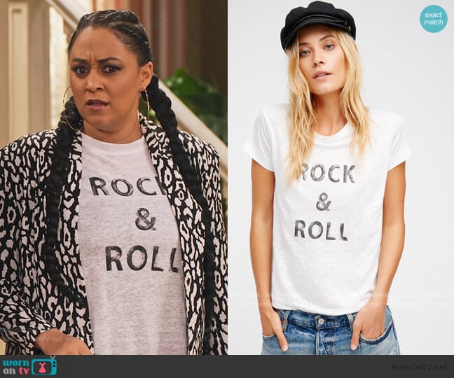 Rock N Roll Tee by Free People worn by Cocoa McKellan (Tia Mowry-Hardrict) on Family Reunion