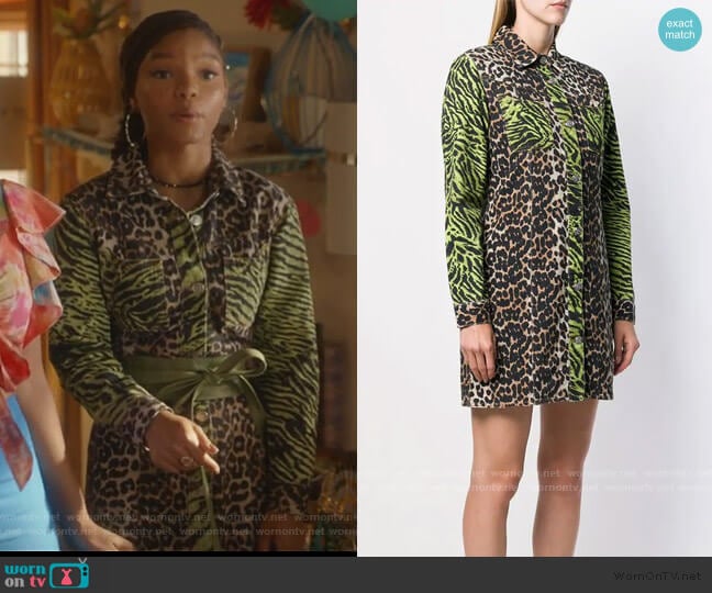 Animal Print Shirtdress by Ganni worn by Skylar Forster (Halle Bailey) on Grown-ish