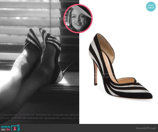 Glitter Stripe Suede & Silk Pumps by Gianvito Rossi worn by Fallon Carrington (Elizabeth Gillies) on Dynasty