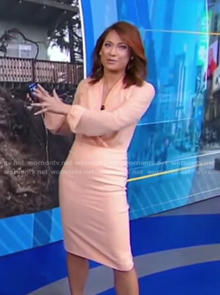 Ginger’s pink wrap blouse and pencil skrit on Good Morning America