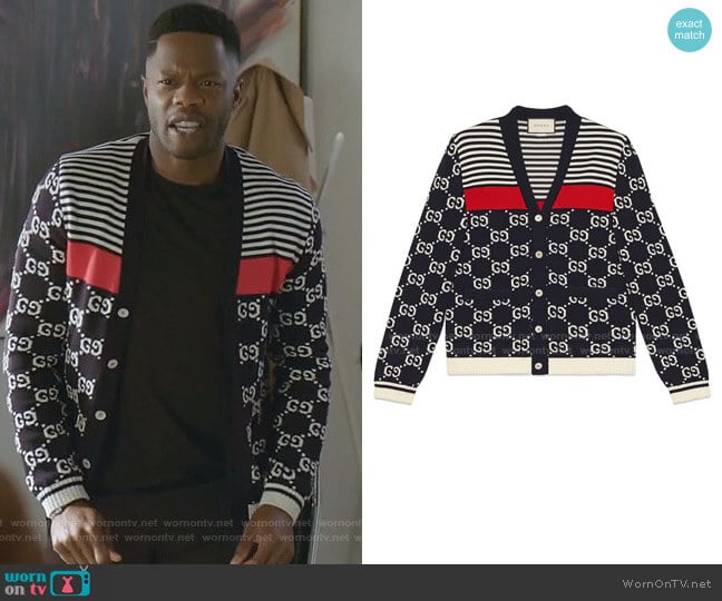 GG and Stripes Knit Cardigan by Gucci worn by Jeff Colby (Sam Adegoke) on Dynasty