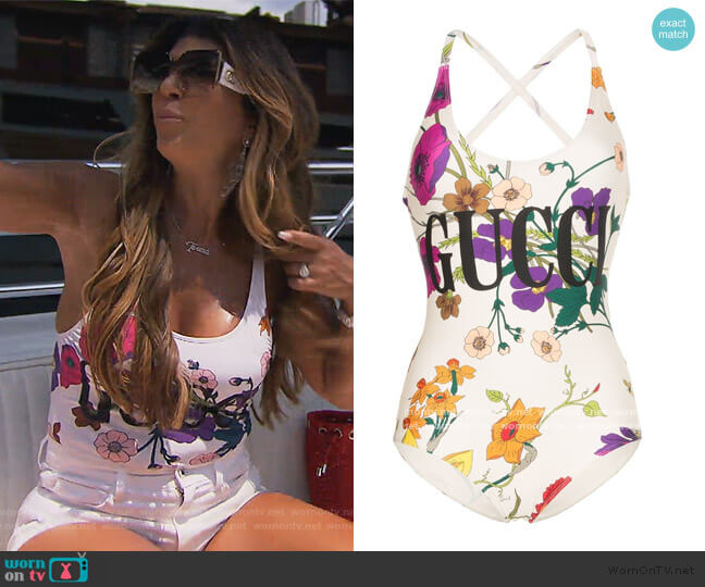 Logo Floral Print Swimsuit by Gucci worn by Teresa Giudice on The Real Housewives of New Jersey