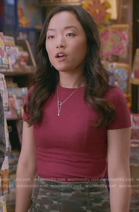 Janet's denim camo mini skirt on Kims Convenience