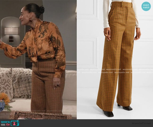 Bernadette checked wool wide-leg pants by Khaite worn by Rainbow Johnson (Tracee Ellis Ross) on Black-ish