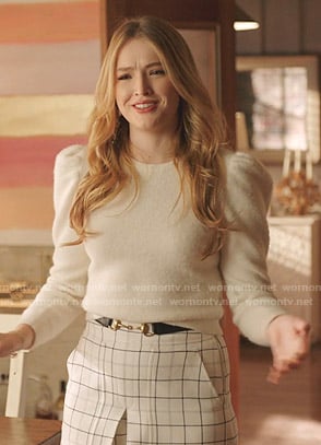 Kirby's white puff sleeve sweater and check Skort on Dynasty