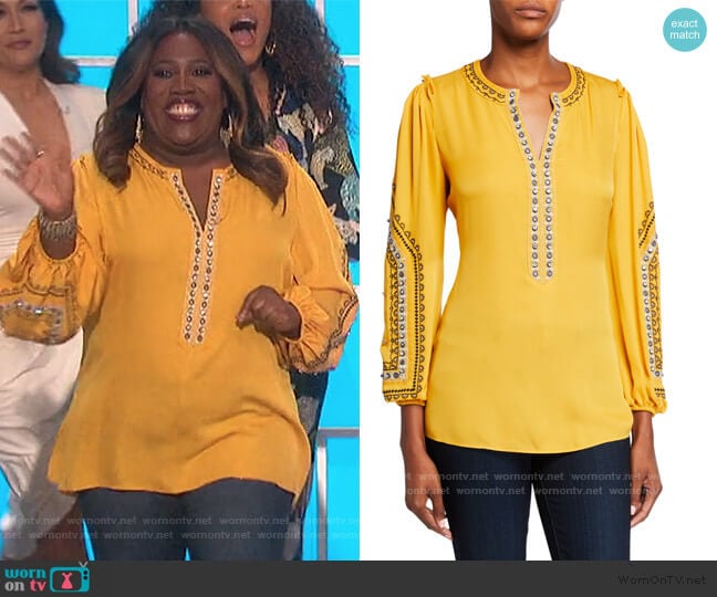 Eliza V-Neck Long-Sleeve Embellished Silk Blouse by Kobi Halperin worn by Sheryl Underwood on The Talk