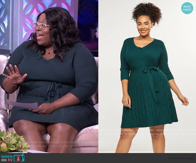 Faux-Wrap Fit & Flare Sweater Dress by Lane Bryant worn by Loni Love on The Real