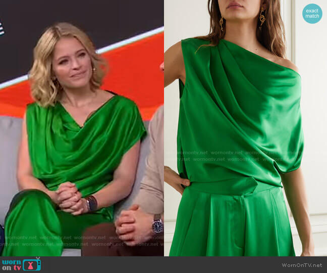 One-Shoulder Draped Silk-Satin Top by Michelle Mason worn by Sara Haines on Good Morning America