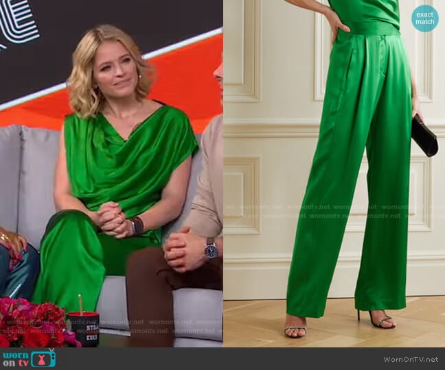 Pleated Silk-Satin Wide-Leg Pants by Michelle Mason worn by Sara Haines on Good Morning America