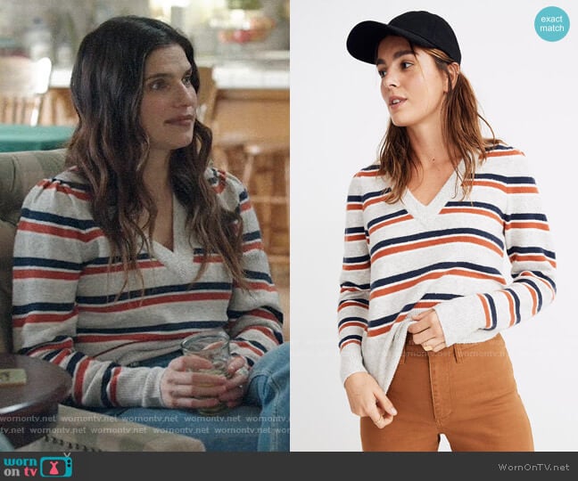 WornOnTV: Rio’s striped v-neck sweater on Bless This Mess | Lake Bell ...