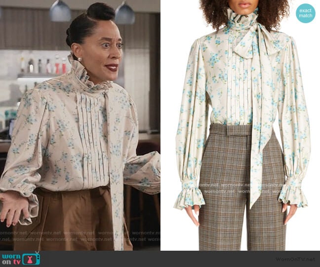 Floral Tie Neck Silk Blouse by Marc Jacobs worn by Rainbow Johnson (Tracee Ellis Ross) on Black-ish