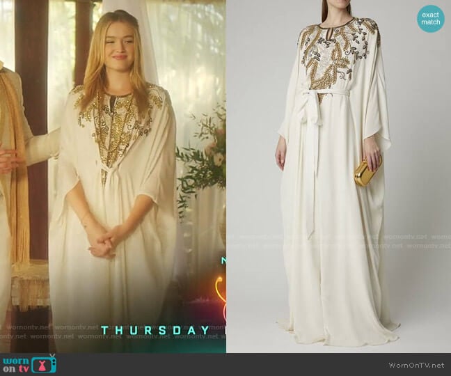 Crystal-Embellished Tie-Detailed Silk Caftan by Marchesa worn by Kirby Anders (Maddison Brown) on Dynasty