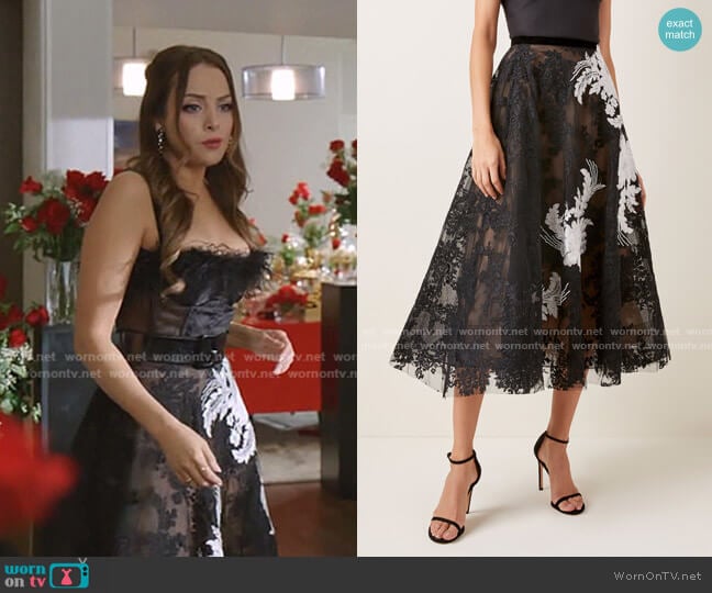 Point D'esprit Tulle And Corded Lace Midi Skirt by Marchesa  worn by Fallon Carrington (Elizabeth Gillies) on Dynasty