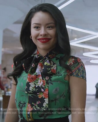 Mariana's green floral tie neck top on Good Trouble