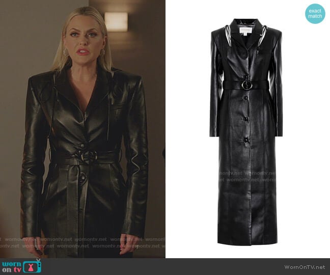 Belted Faux Leather Coat by Materiel Tbilisi worn by Alexis Carrington (Elaine Hendrix) on Dynasty