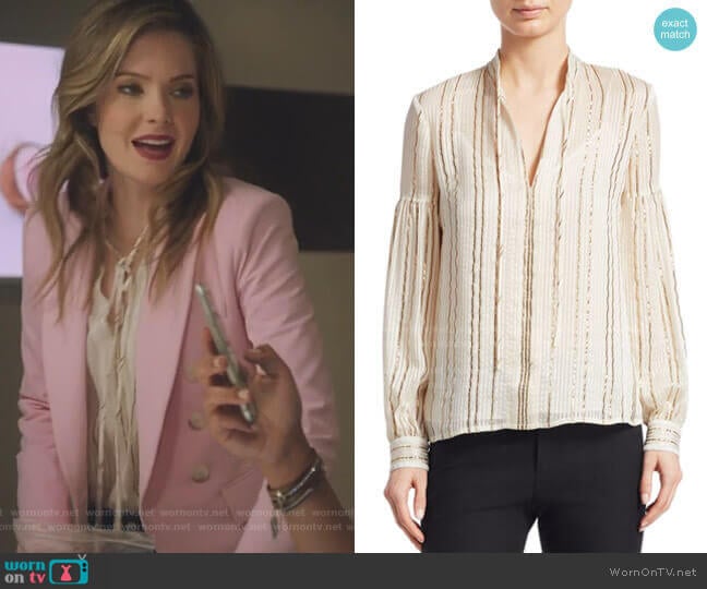 Metallic V-Neck Blouse by Derek Lam 10 Crosby worn by Sutton (Meghann Fahy) on The Bold Type