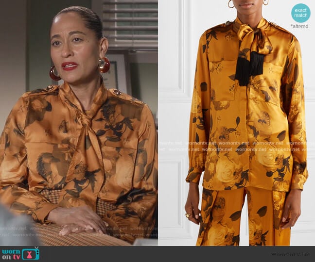 Leandra fringed pussy-bow floral-print satin shirt by Mother Of Pearl worn by Rainbow Johnson (Tracee Ellis Ross) on Black-ish