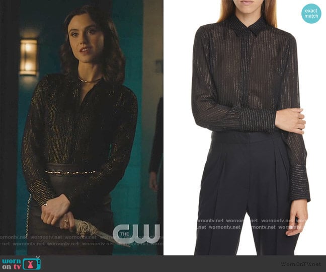 Lleida Metallic Stripe Silk Shirt by Nili Lotan worn by Abigael Jameson-Caine (Poppy Drayton) on Charmed