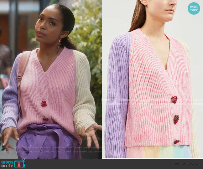 Tally Block-Panel Knit Cardigan by Olivia Rubin worn by Zoey Johnson (Yara Shahidi) on Grown-ish