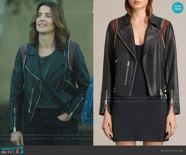 Panel Balfern Leather Bomber Jacket by All Saints worn by Dex Parios (Cobie Smulders) on Stumptown