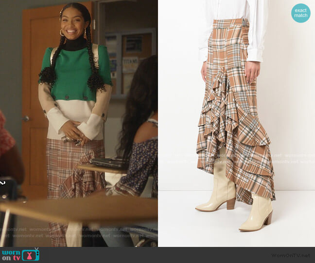 Plaid Ruffle Skirt by PatBO worn by Zoey Johnson (Yara Shahidi) on Grown-ish