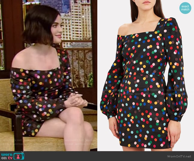 Debbie One-Shoulder Mini Dress by Racil worn by Lucy Hale on Live with Kelly and Ryan