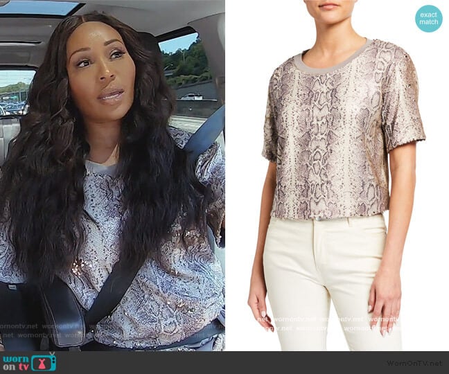 Alexi Sequined Snake-Print Cropped Tee by Ramy Brook worn by Cynthia Bailey on The Real Housewives of Atlanta