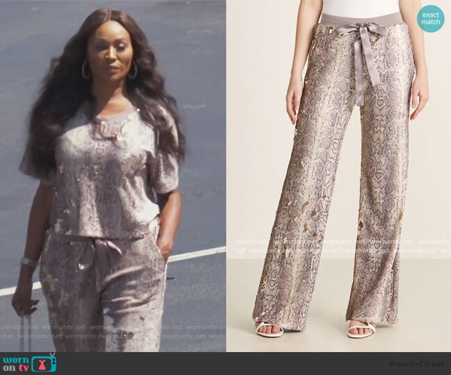 Cyrus Python Sequin Drawstring Pants by Ramy Brook worn by Cynthia Bailey on The Real Housewives of Atlanta