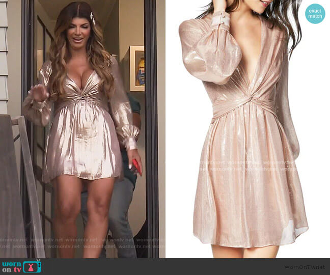 Elsie Plunging Metallic Short Dress by Ramy Brook worn by Teresa Giudice on The Real Housewives of New Jersey