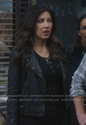 Rosa's black leather jacket with zip waist and quilted shoulders on Brooklyn Nine-Nine