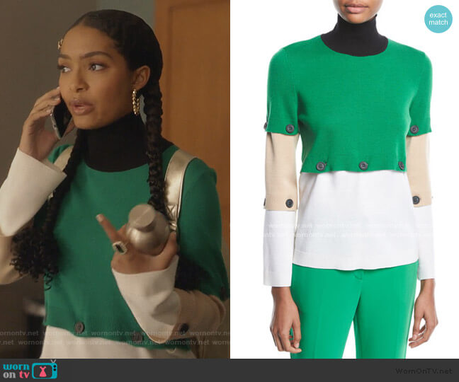 Button-Off Colorblocked Turtleneck Wool Sweater by Rosetta Getty worn by Zoey Johnson (Yara Shahidi) on Grown-ish