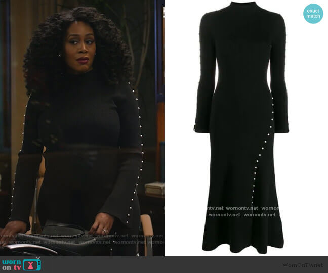 Sandro Faux pearl-embellished high-neck knitted midi dress worn by Lola Carmichael (Simone Missick) on All Rise