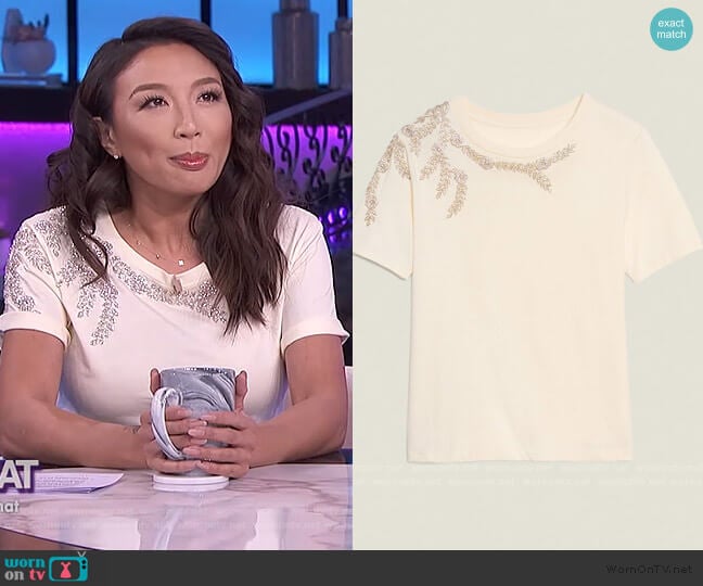 T-shirt with Embroidery and Rhinestones by Sandro worn by Jeannie Mai on The Real